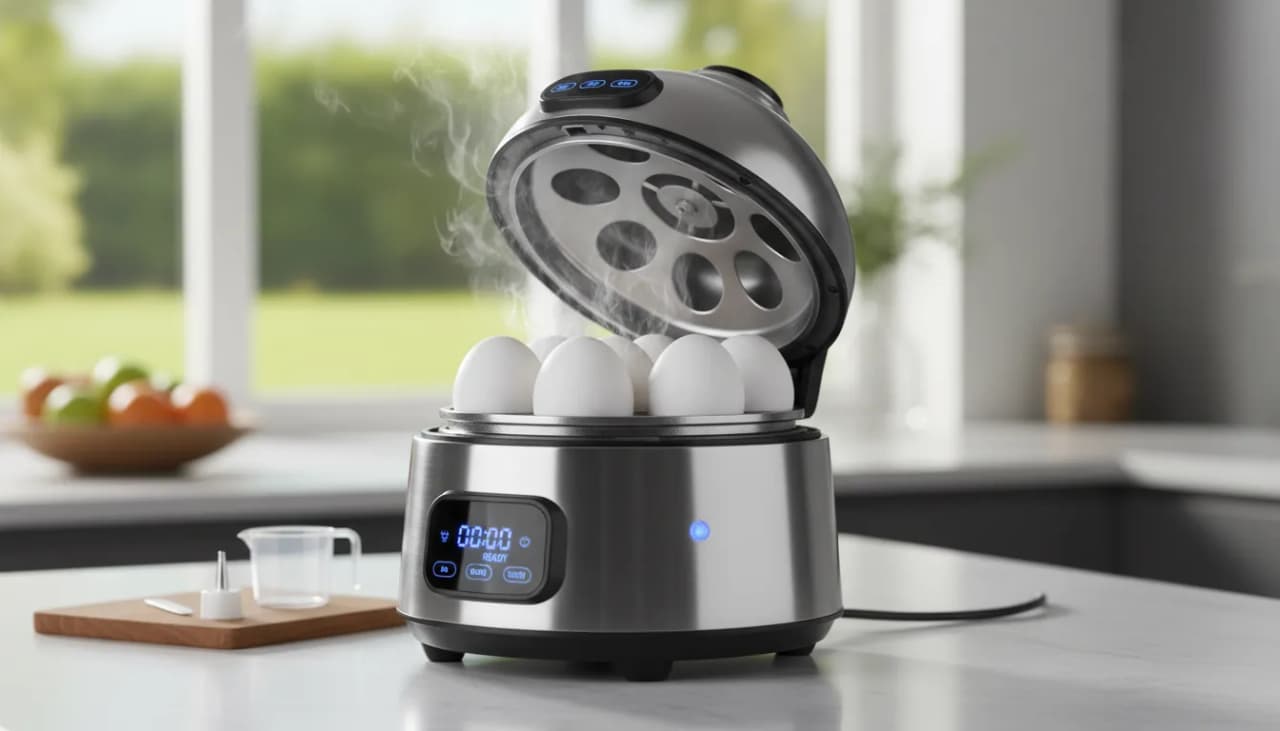 Hard-boiled egg cooker: compact, steam, alerts, easy clean Cover